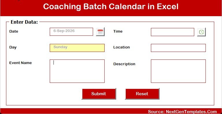 Excel coaching calendar add event form