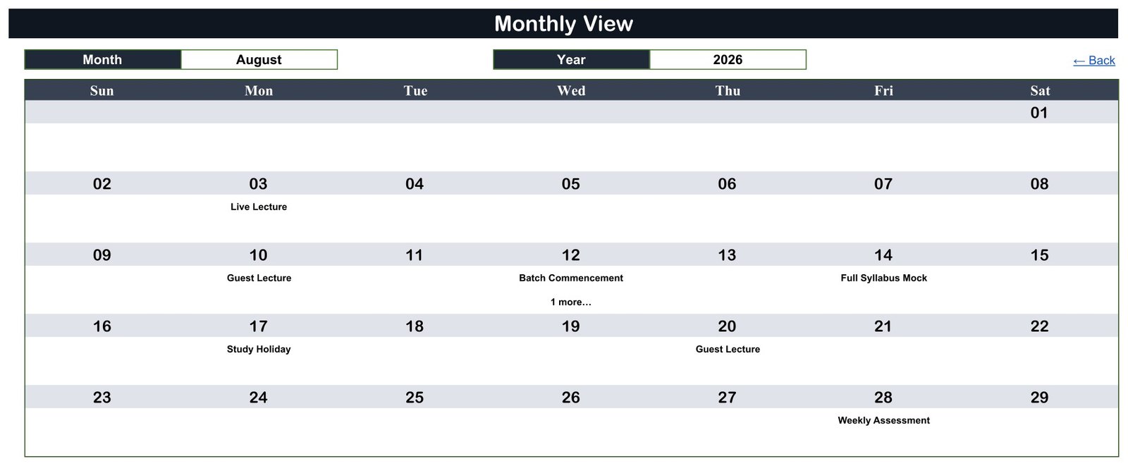 Coaching Batch Calendar in Google Sheets - Monthly View