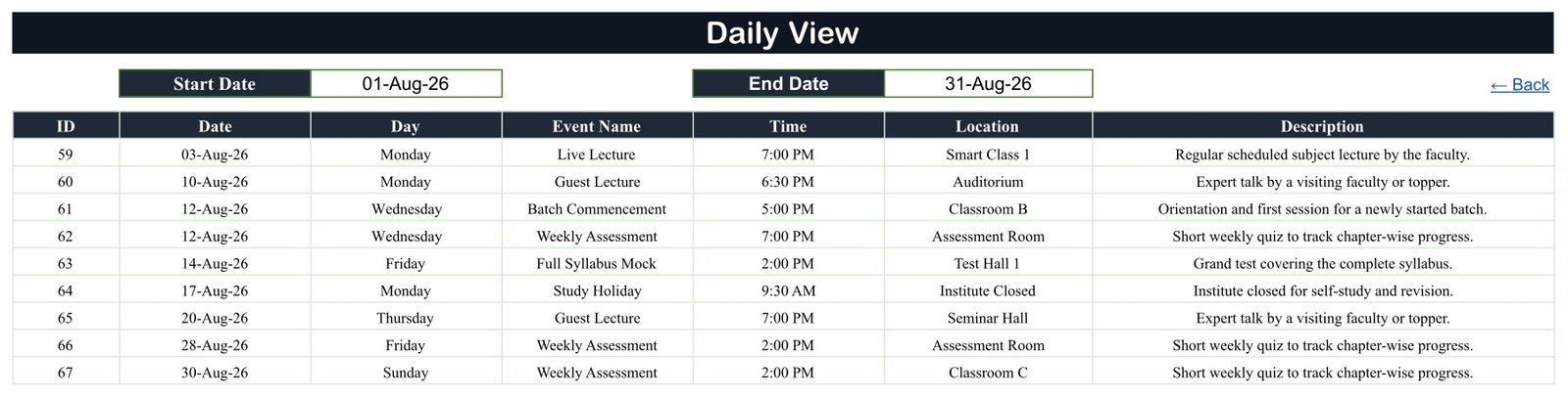 Coaching Batch Calendar in Google Sheets - Daily View