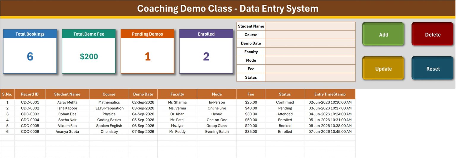Coaching Demo Class Data Entry System in Excel - Data Entry sheet with KPI cards, entry form and demo register