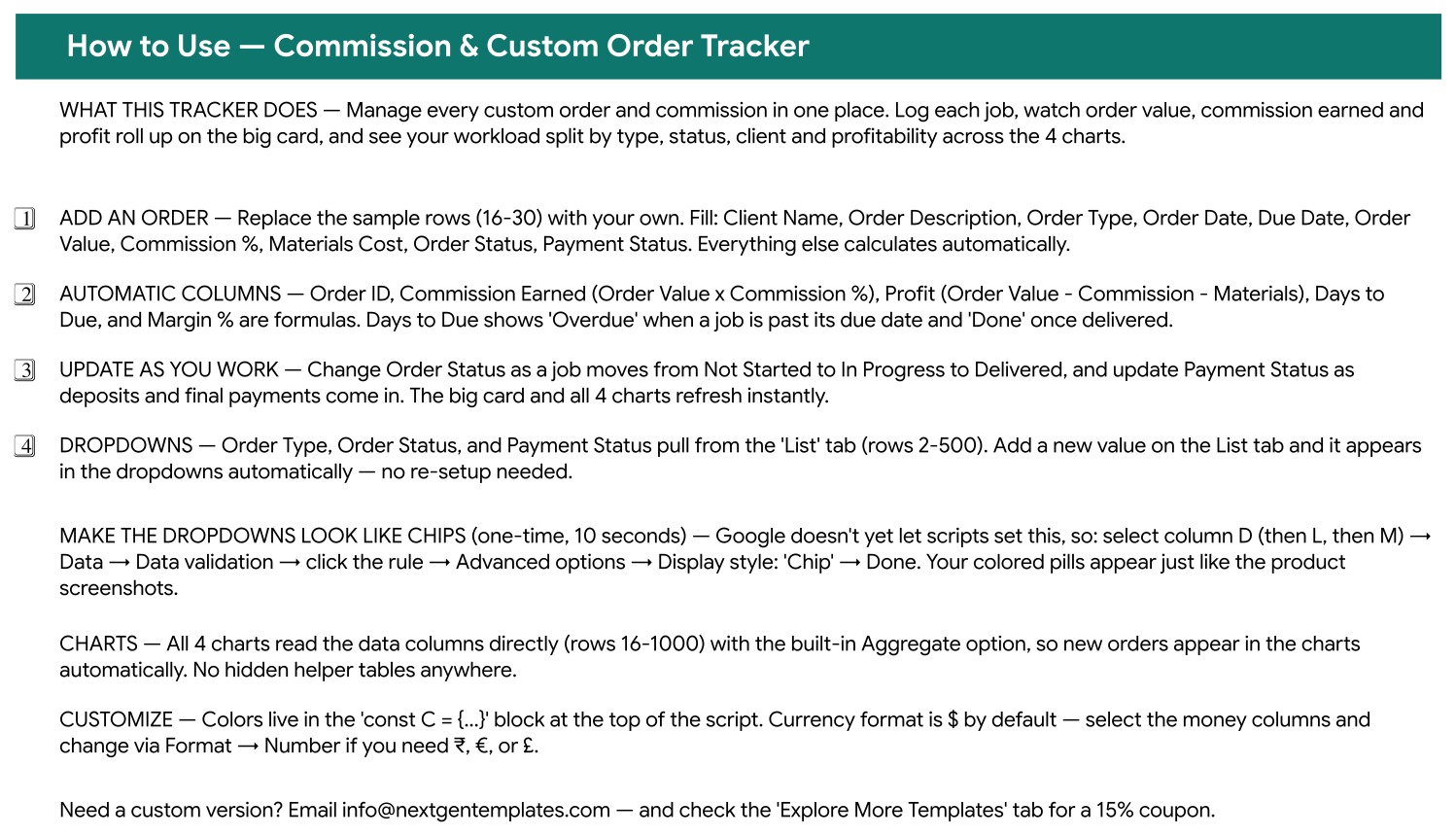 Commission and Custom Order Tracker in Google Sheets How to Use tab