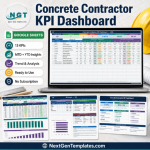 Concrete Contractor KPI Dashboard in Google Sheets - 13 KPI scorecard template