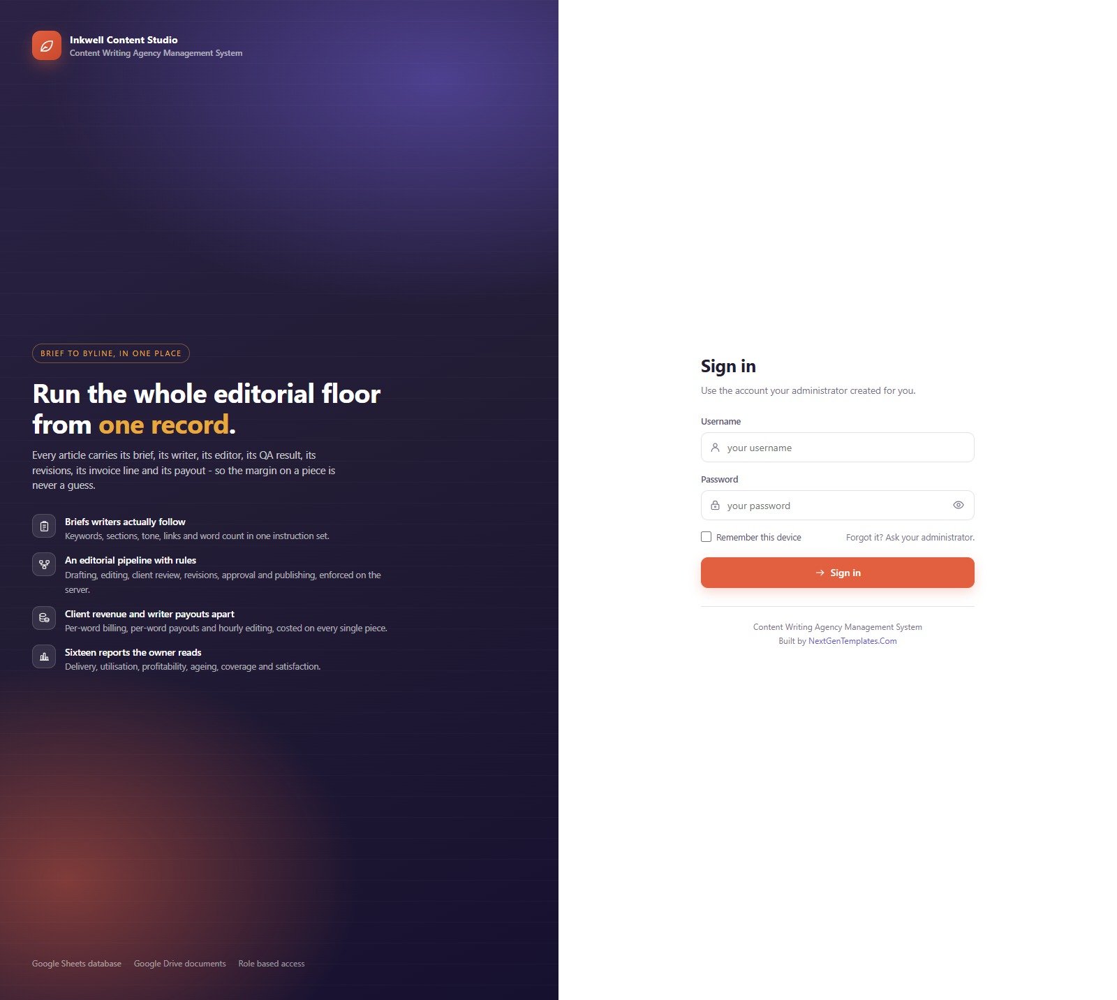 Content Writing Agency Management System Web App sign-in screen