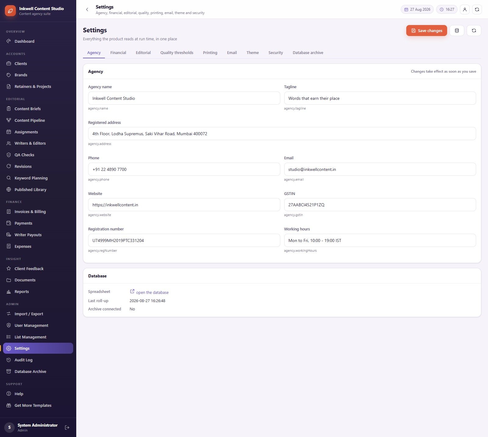 Content Writing Agency Management System settings screen