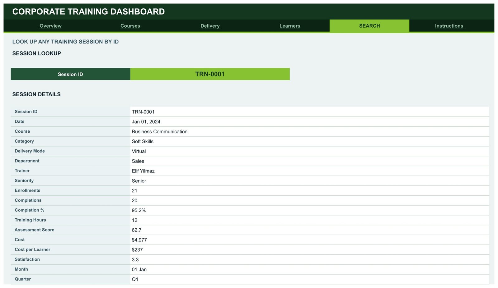 Corporate Training Dashboard in Google Sheets Search page