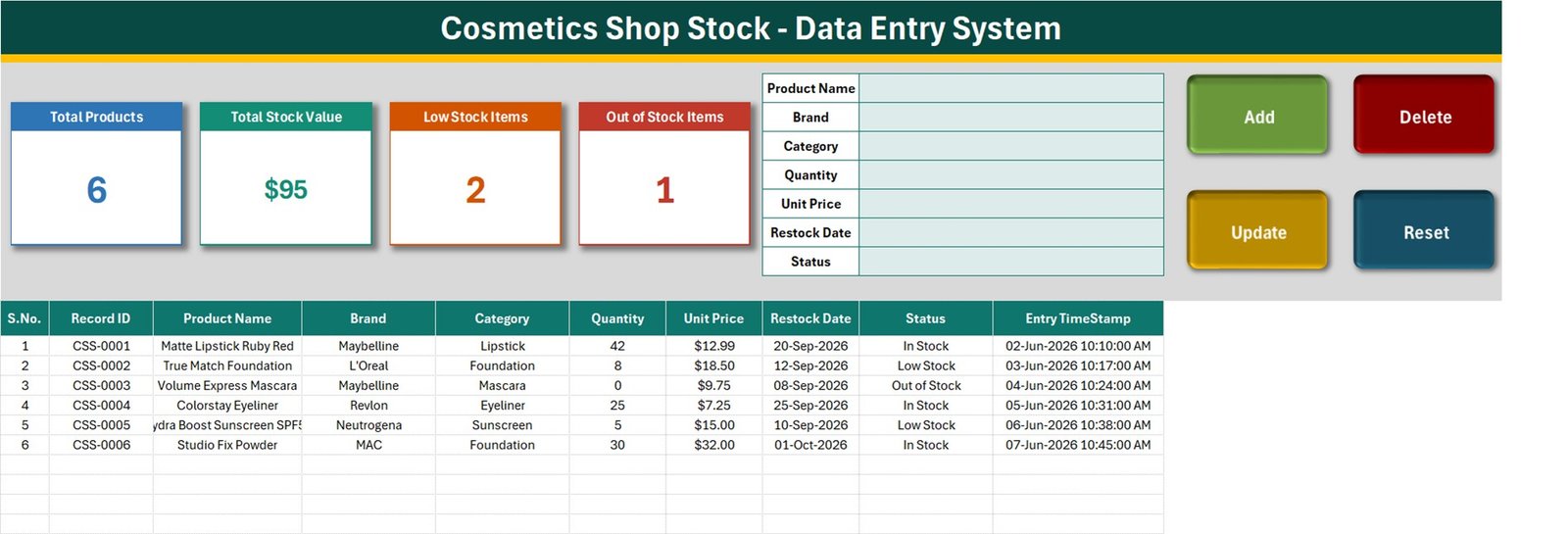 Cosmetics Shop Stock Data Entry System in Excel data entry interface