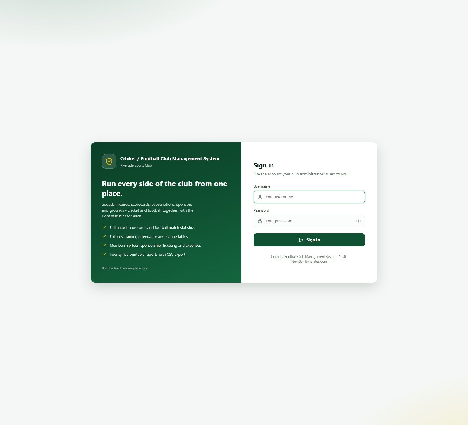 Cricket and football club management web app secure sign-in screen