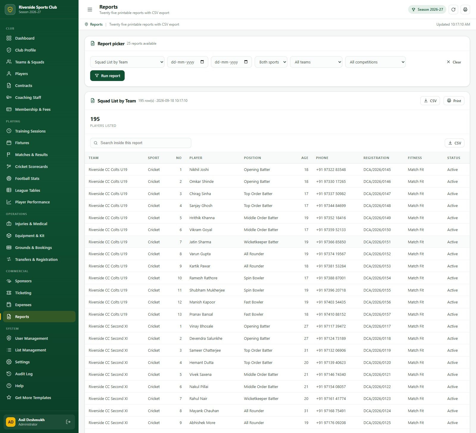 Printable club reports with CSV export