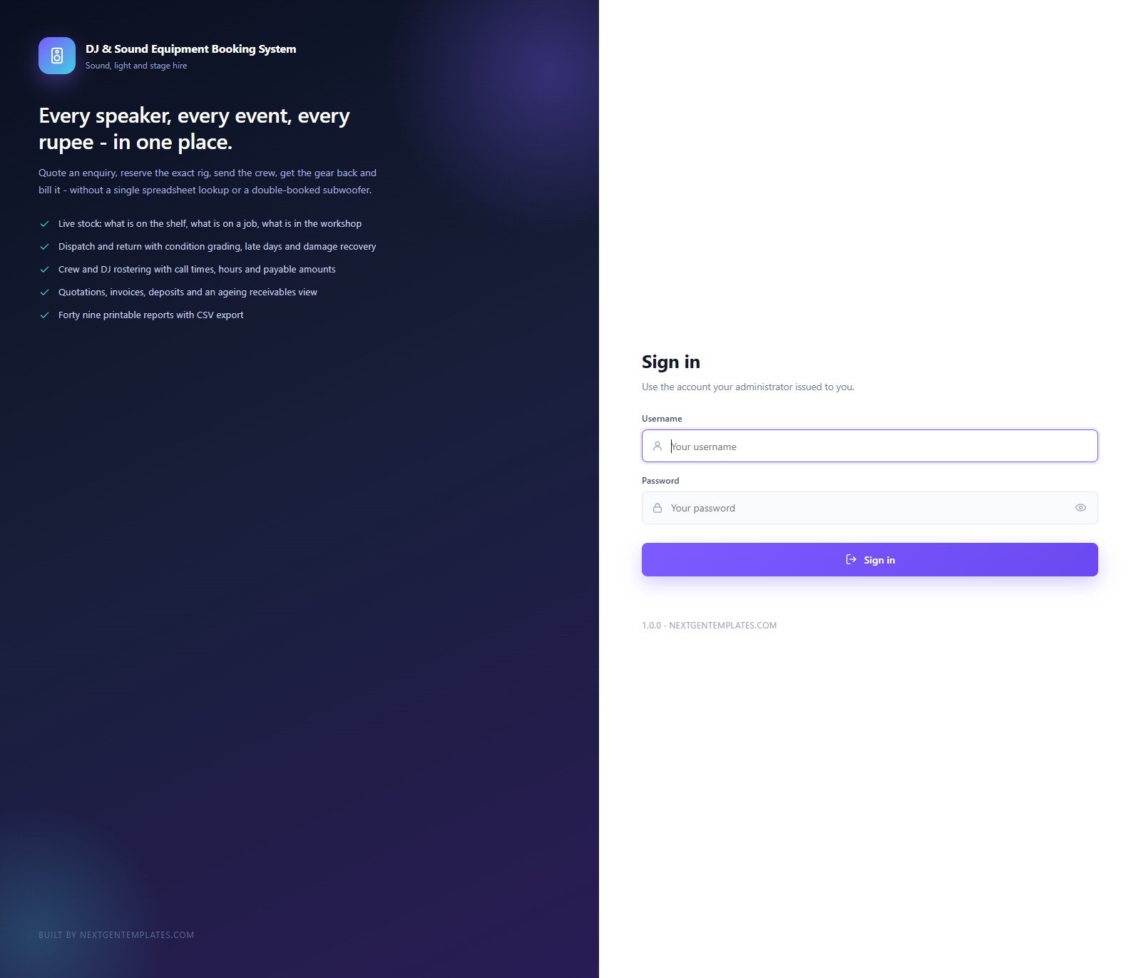 DJ and Sound Equipment Booking System web app sign-in screen with role-based login