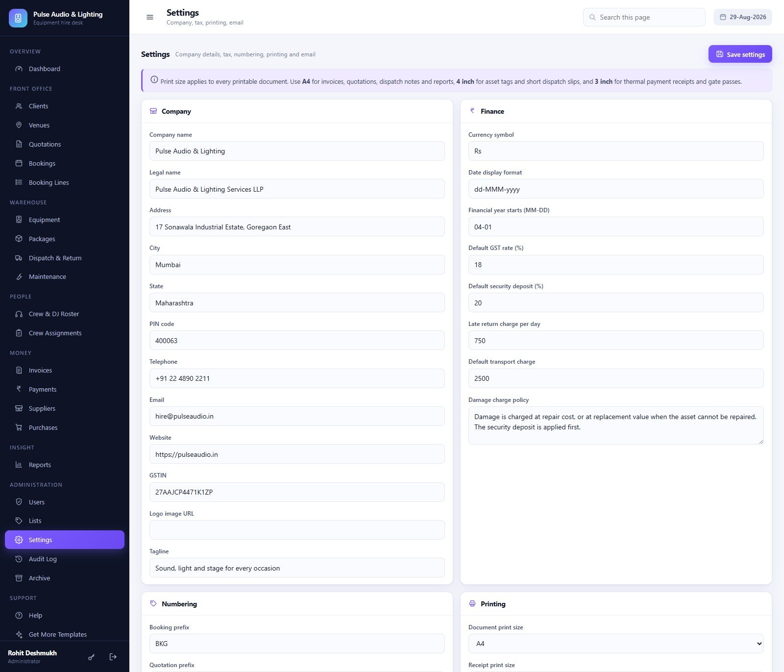 Settings screen for company details, currency, GST rate, deposits, numbering and print sizes