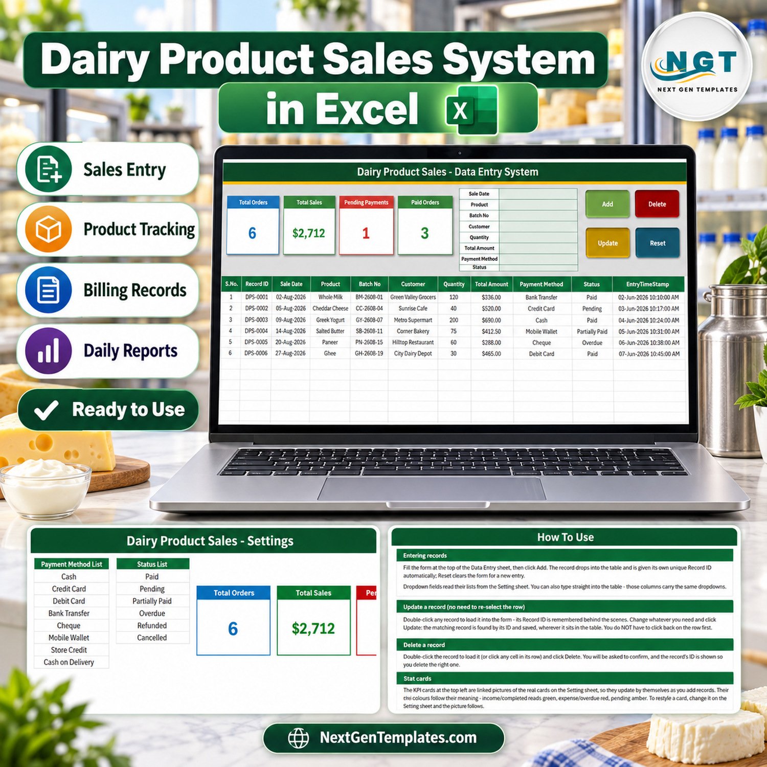 Dairy Product Sales Data Entry System in Excel