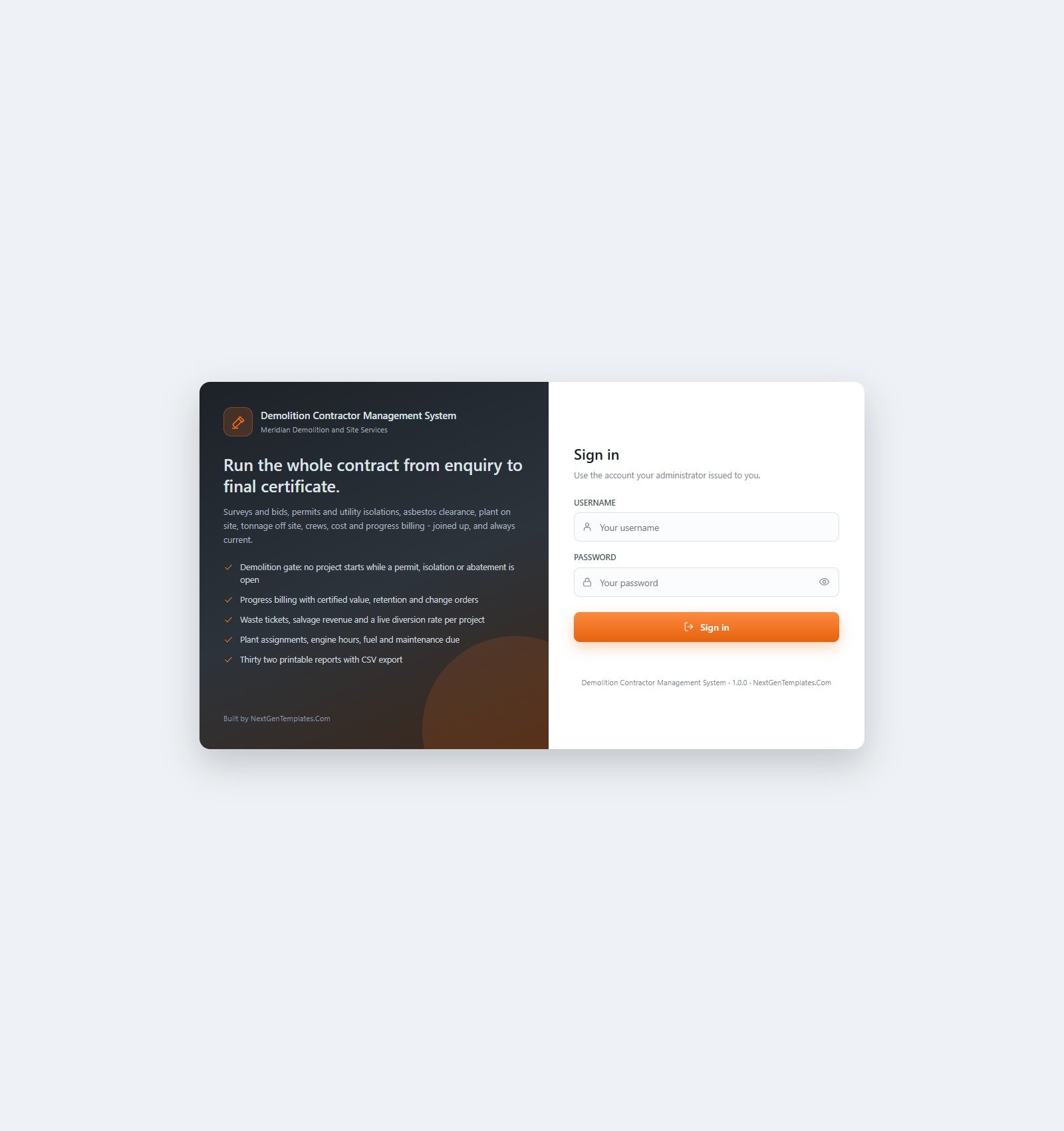 Demolition Contractor Management System Web App sign-in screen