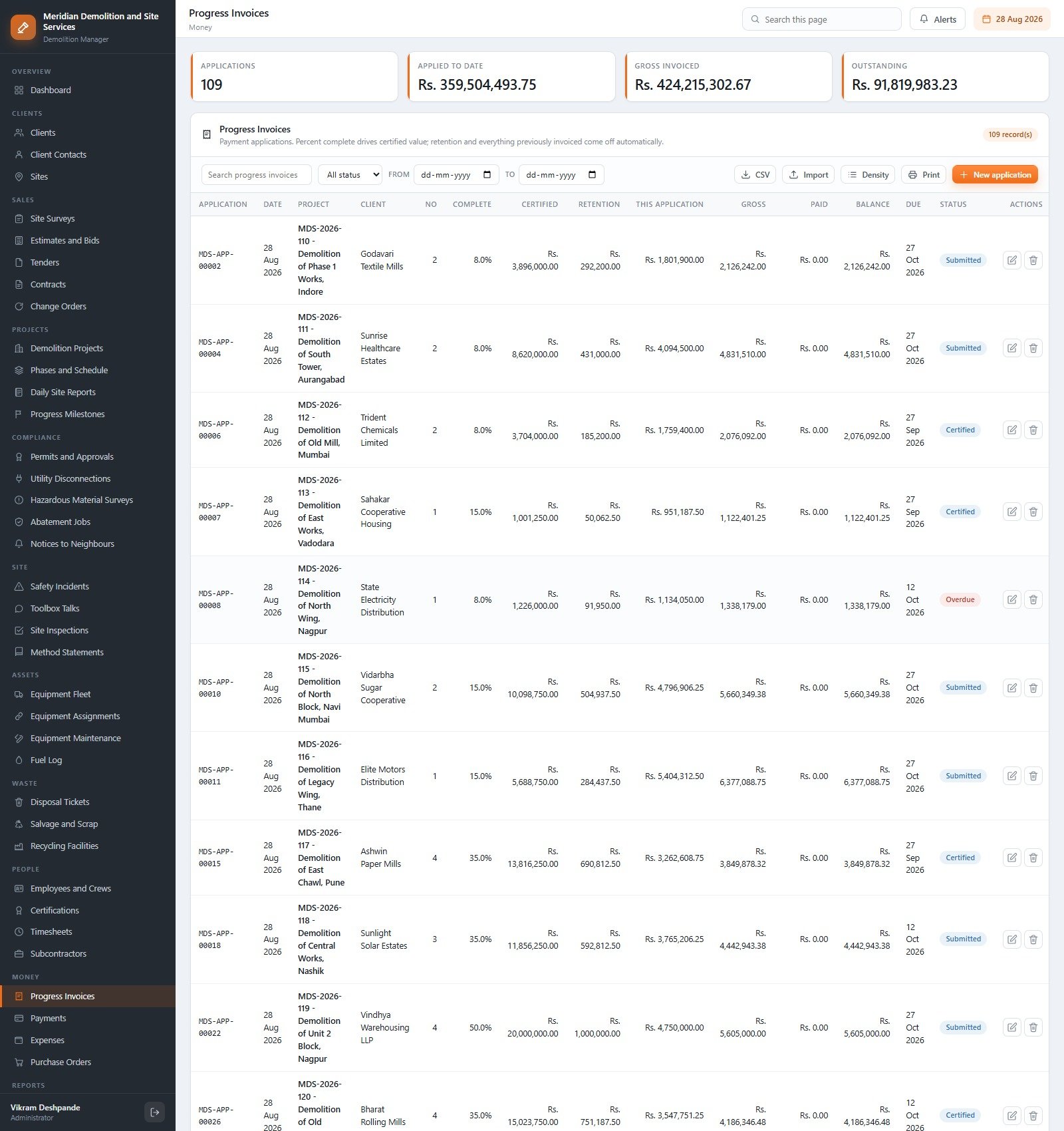 Progress invoices with certified value and retention