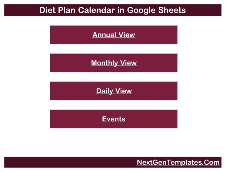 Diet Plan Calendar in Google Sheets - Home tab with links to Annual View, Monthly View, Daily View and Events