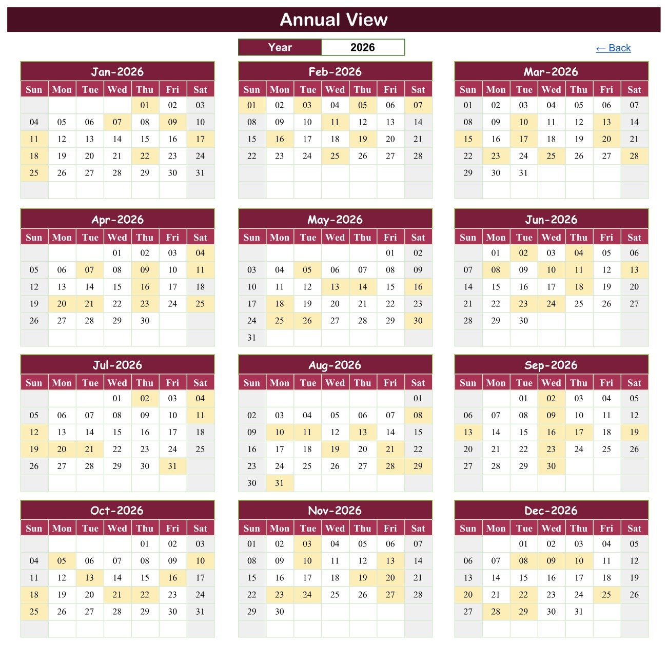Diet Plan Calendar in Google Sheets - Annual View showing all twelve months of 2026 with scheduled days shaded