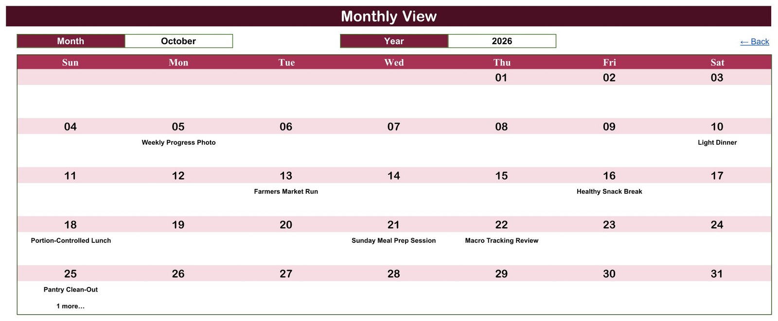 Diet Plan Calendar in Google Sheets - Monthly View grid for October 2026