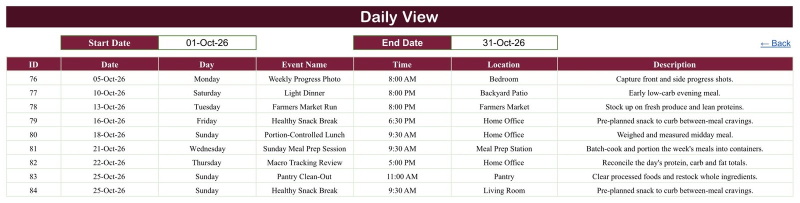 Diet Plan Calendar in Google Sheets - Daily View listing entries between 01-Oct-26 and 31-Oct-26