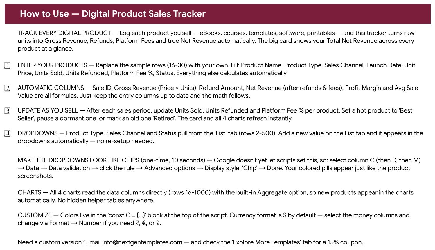 Digital Product Sales Tracker - How to Use instructions