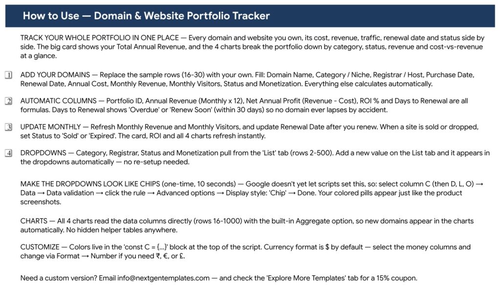 Domain and Website Portfolio Tracker in Google Sheets