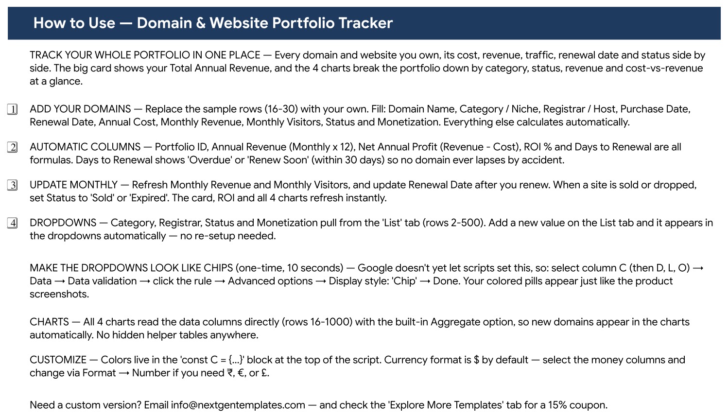 Domain and Website Portfolio Tracker in Google Sheets - How to Use page