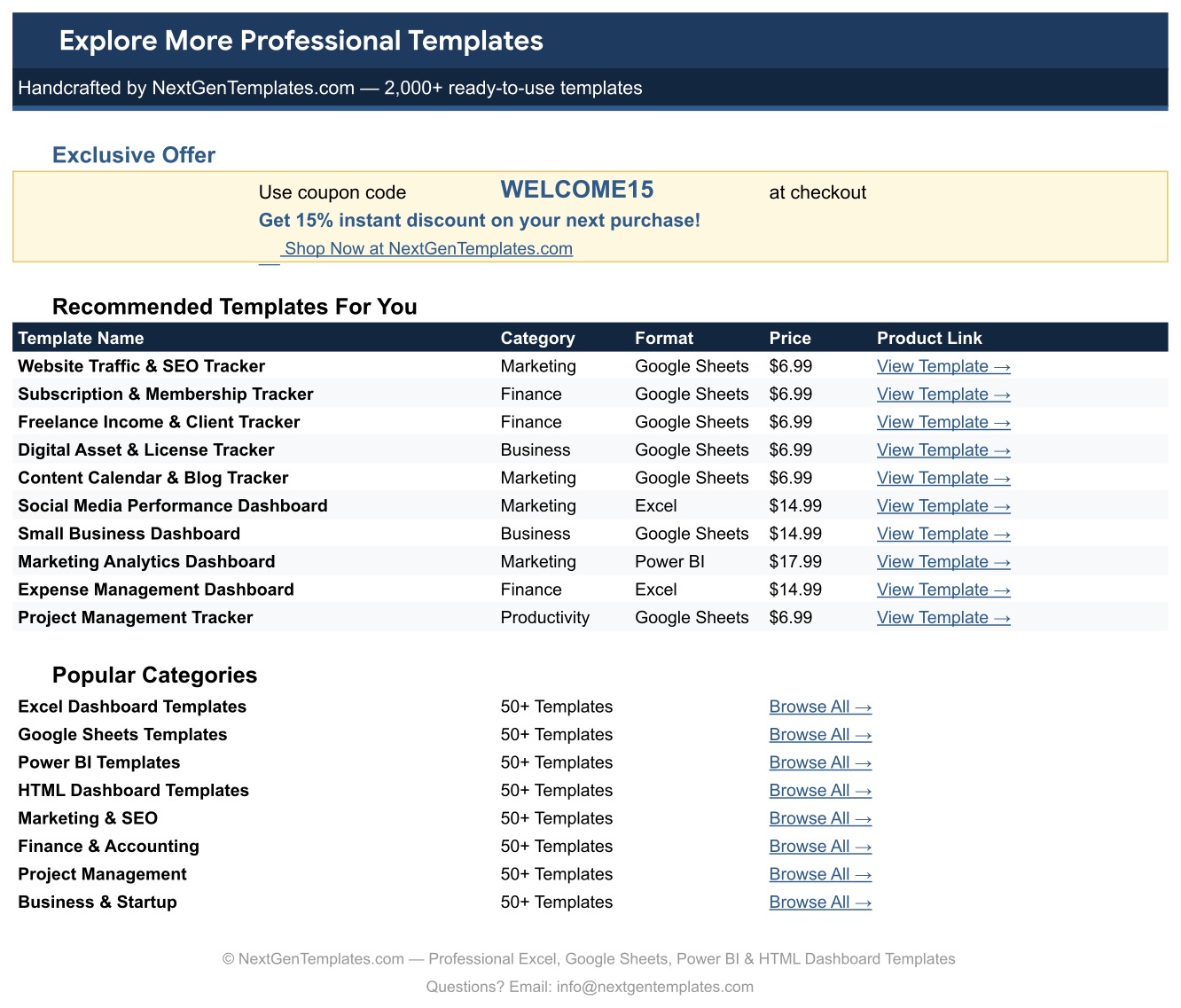 Domain and Website Portfolio Tracker in Google Sheets - Explore More Templates page