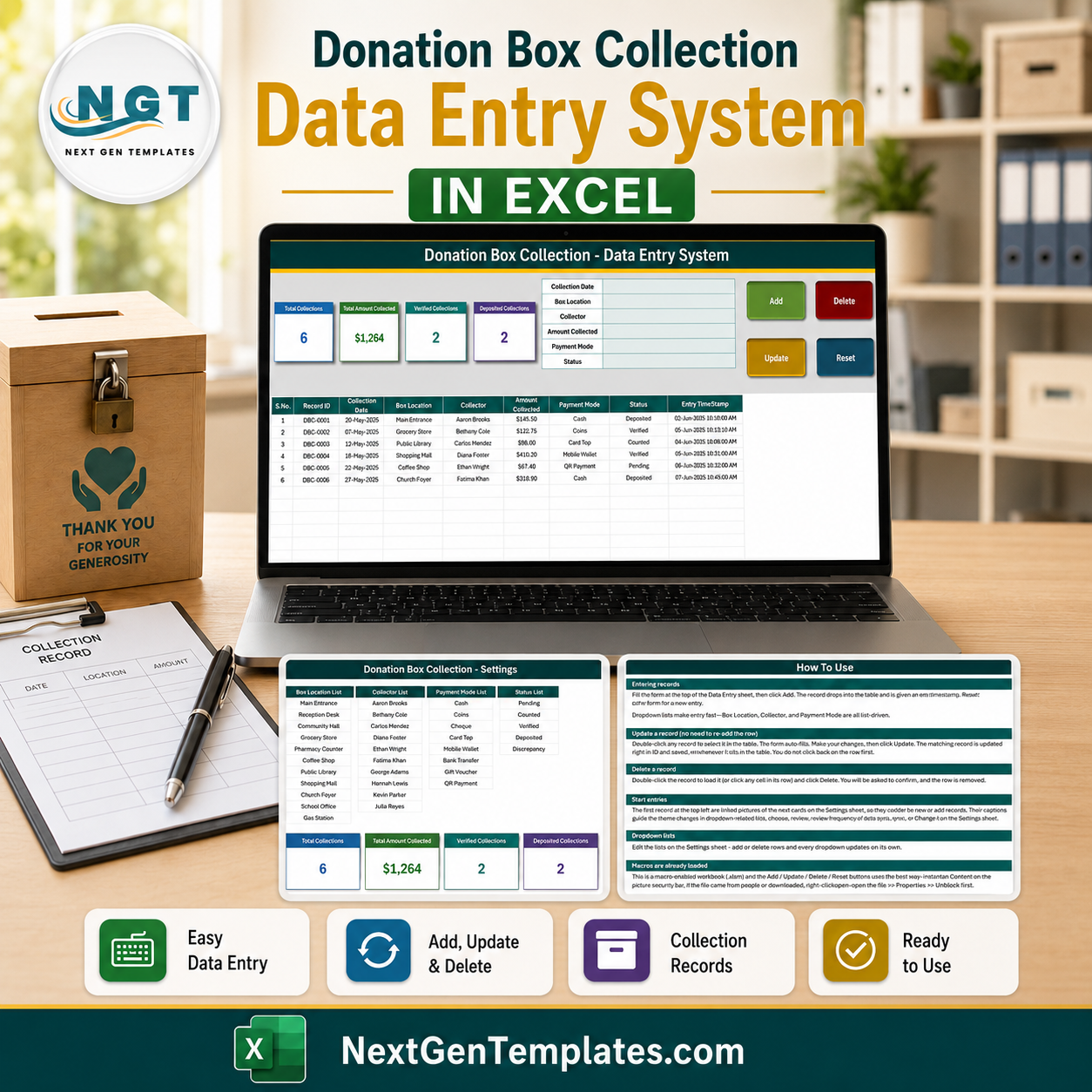 Donation Box Collection Data Entry System in Excel