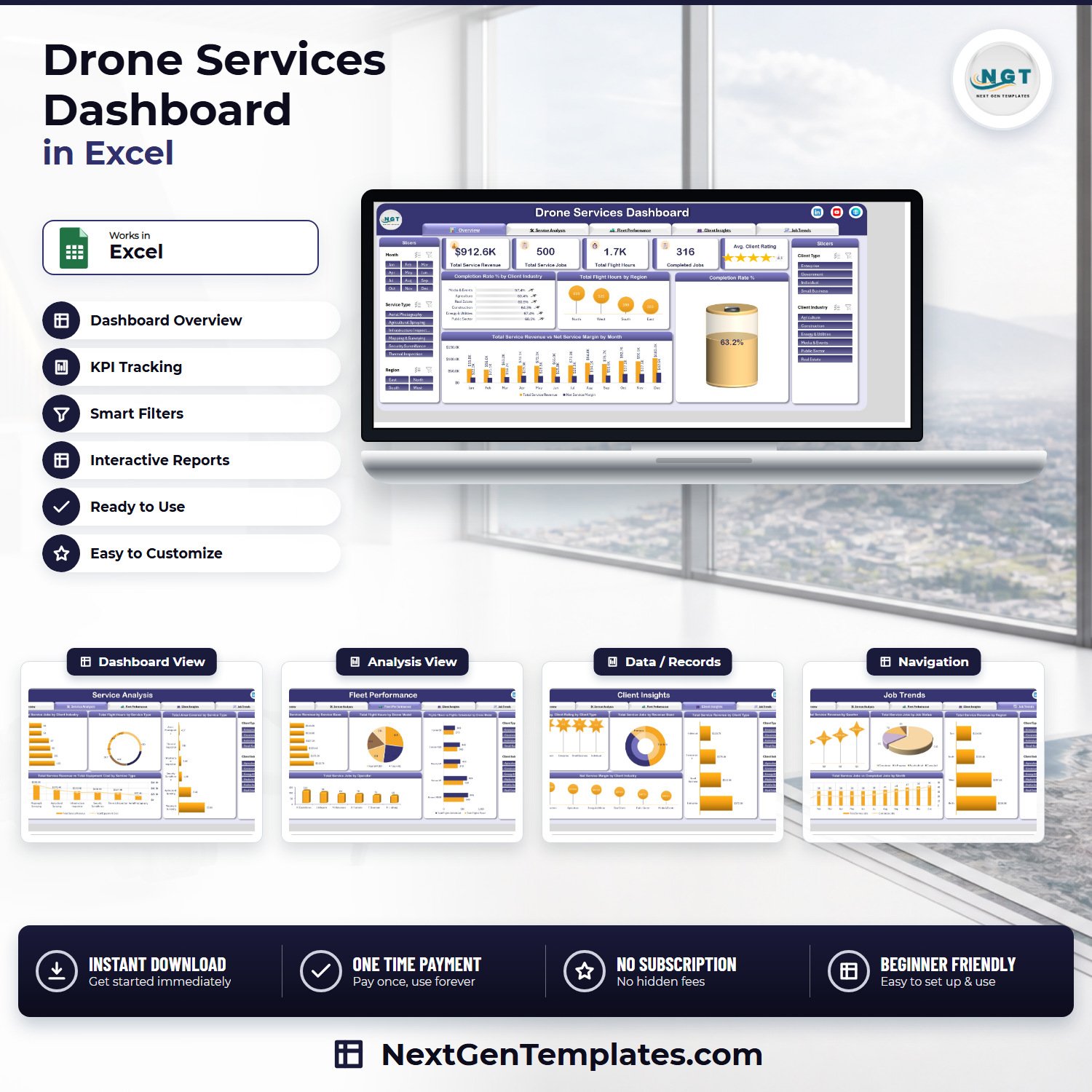 Drone Services Dashboard in Excel - five-page drone operations dashboard template