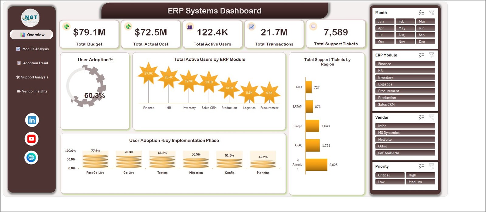 ERP Systems Dashboard in Excel overview page