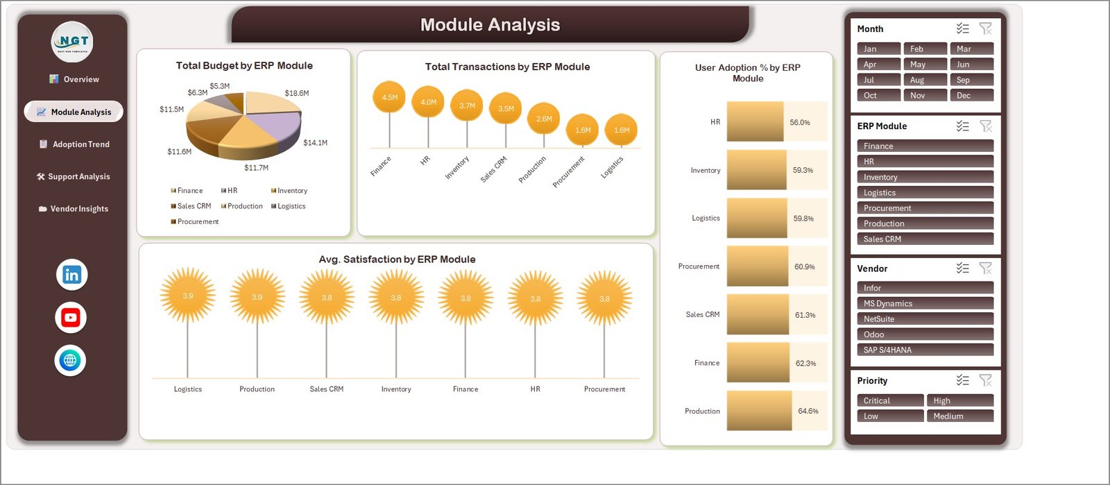ERP module analysis page of the Excel dashboard