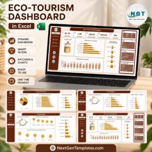 Eco-Tourism Dashboard in Excel template cover showing the Overview page and four report pages