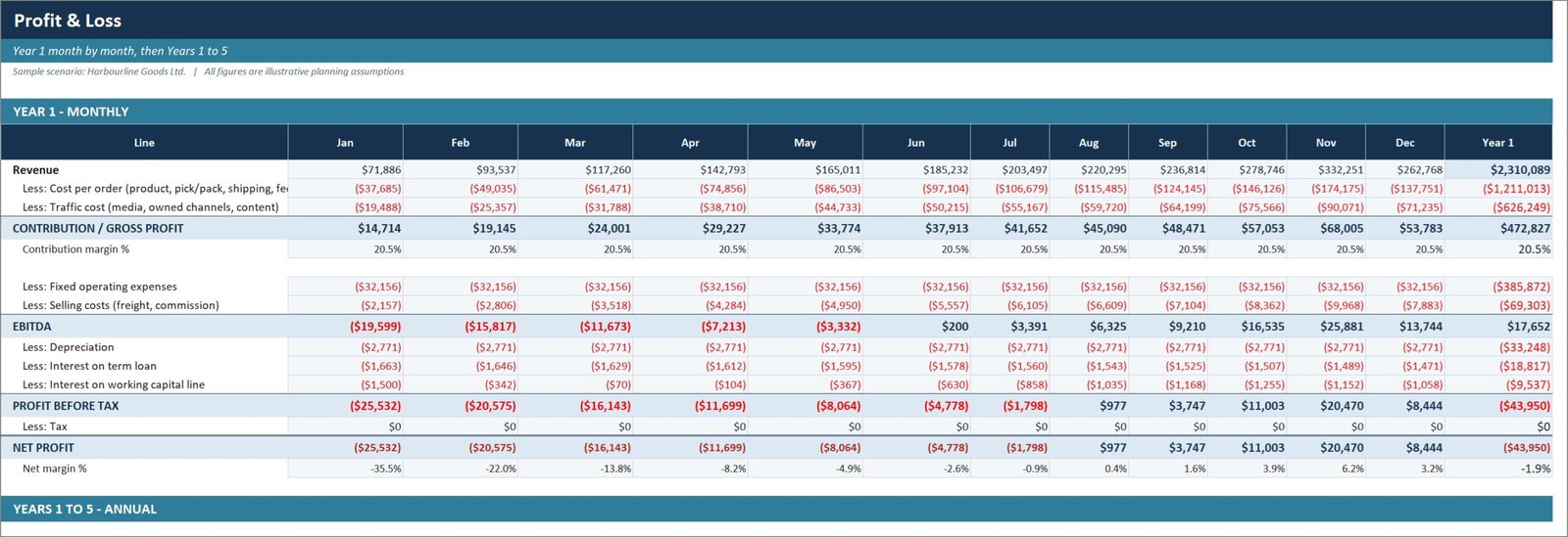 Ecommerce Store Business Starter Templates Kit - profit and loss