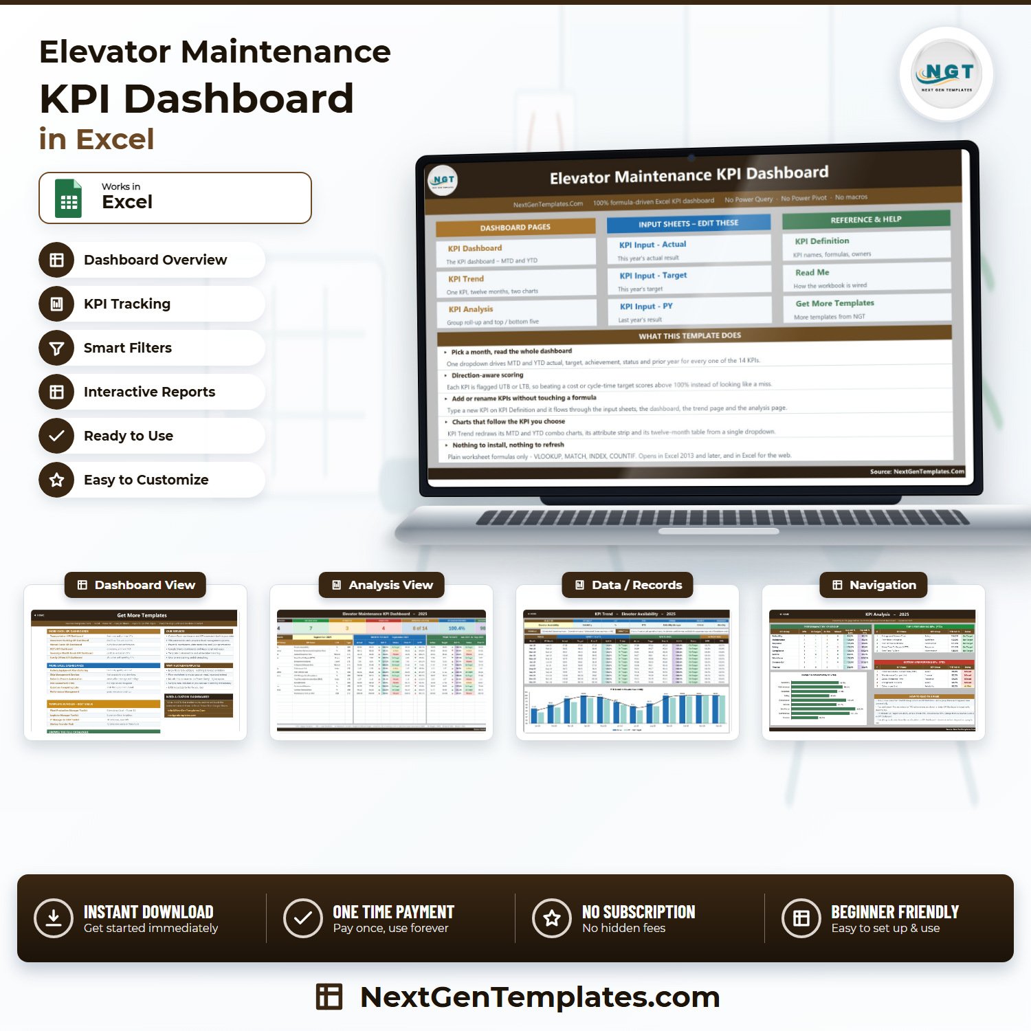 Elevator Maintenance KPI Dashboard in Excel product feature image