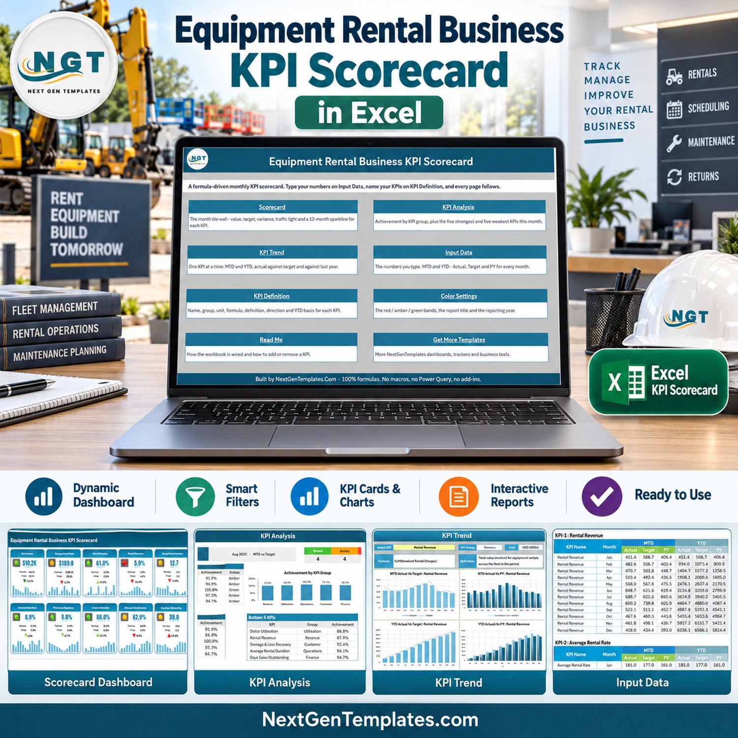 Equipment Rental Business KPI Scorecard in Excel
