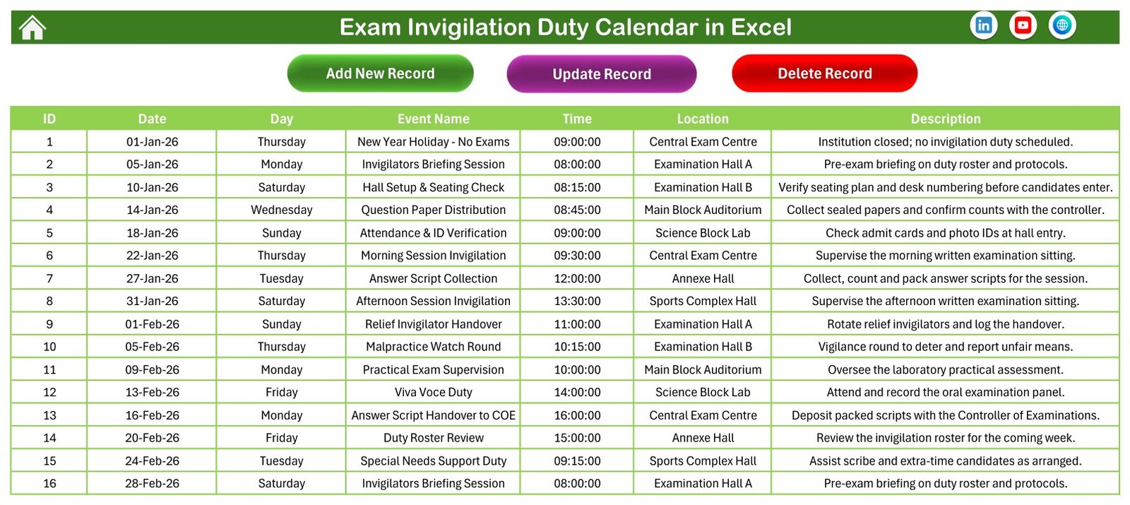 Events sheet with Add, Update and Delete buttons
