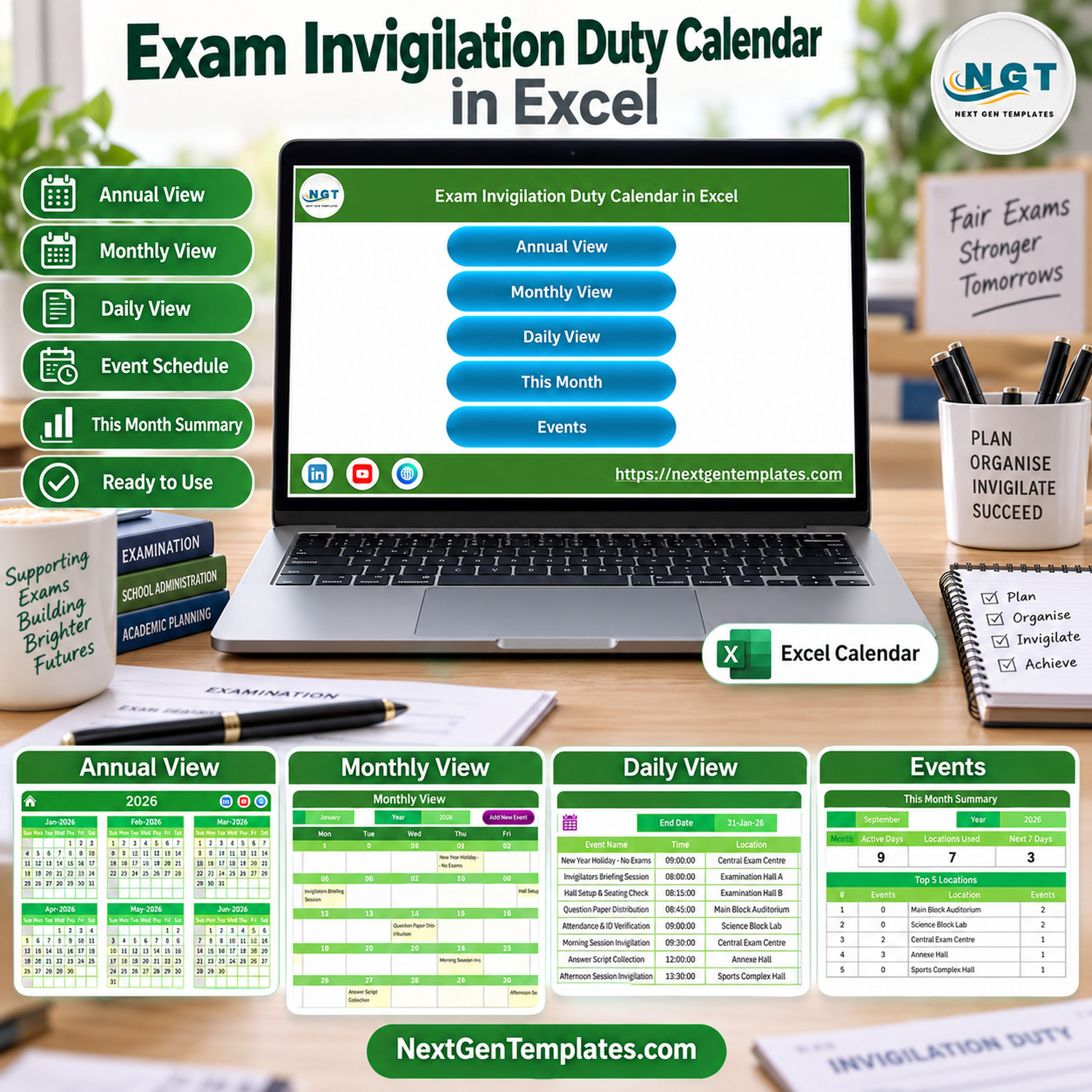 Exam Invigilation Duty Calendar in Excel with annual, monthly, daily and summary views