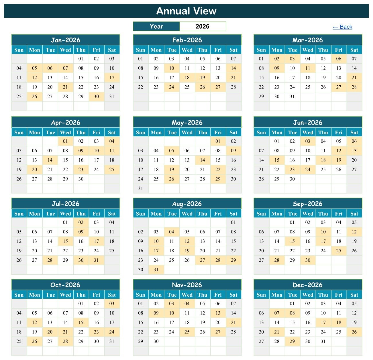 Annual View with invigilation duty dates highlighted for 2026