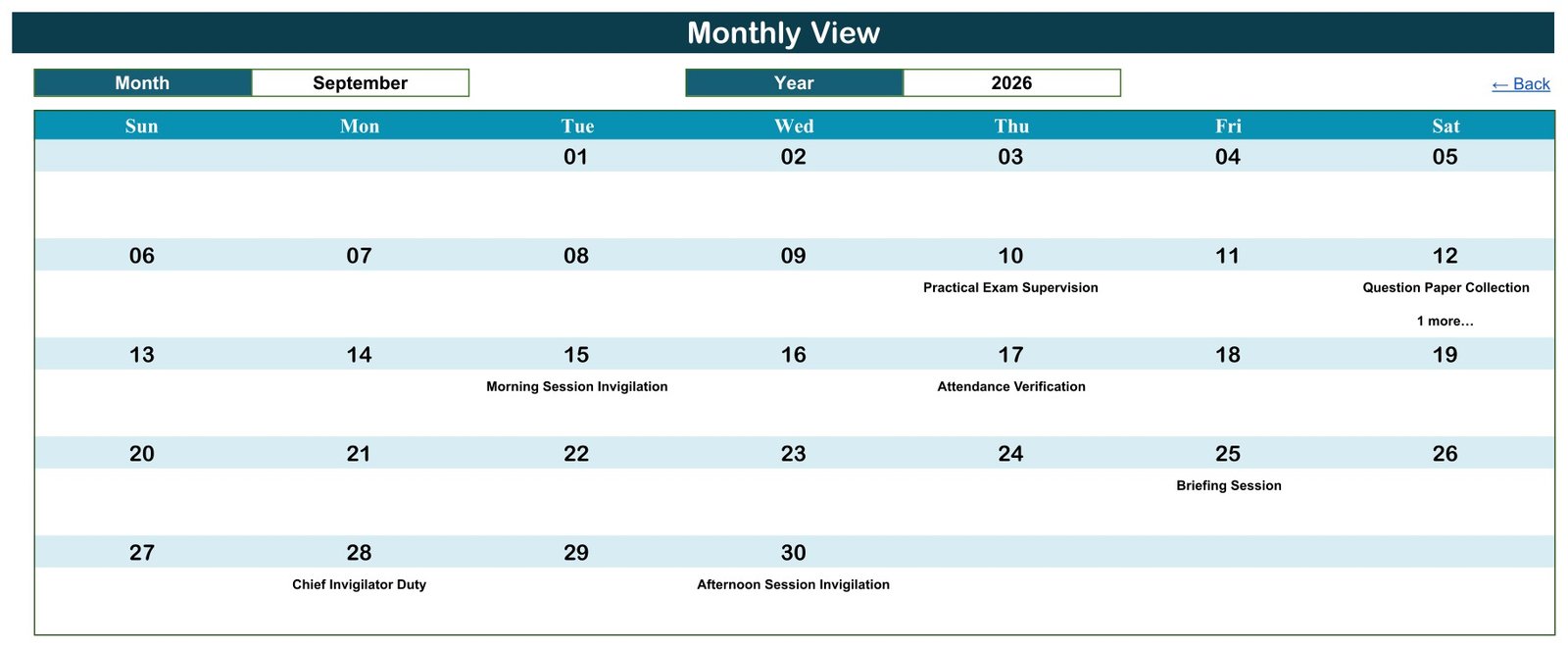 Monthly View of the exam duty calendar template for September 2026
