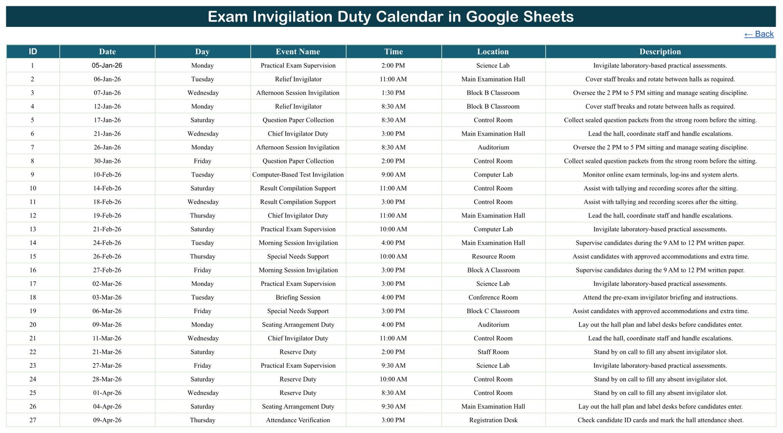 Events register behind the Google Sheets invigilation calendar