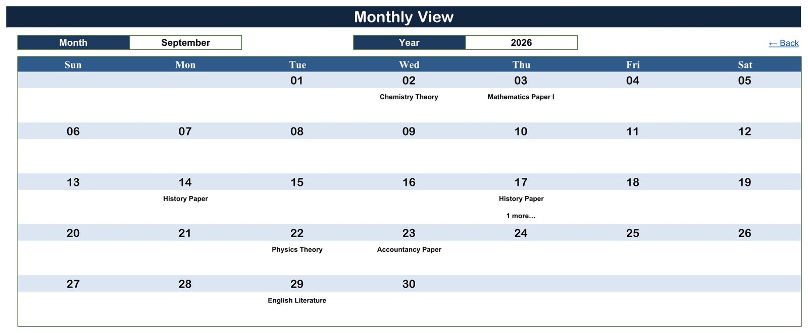 Monthly exam timetable calendar with subject names