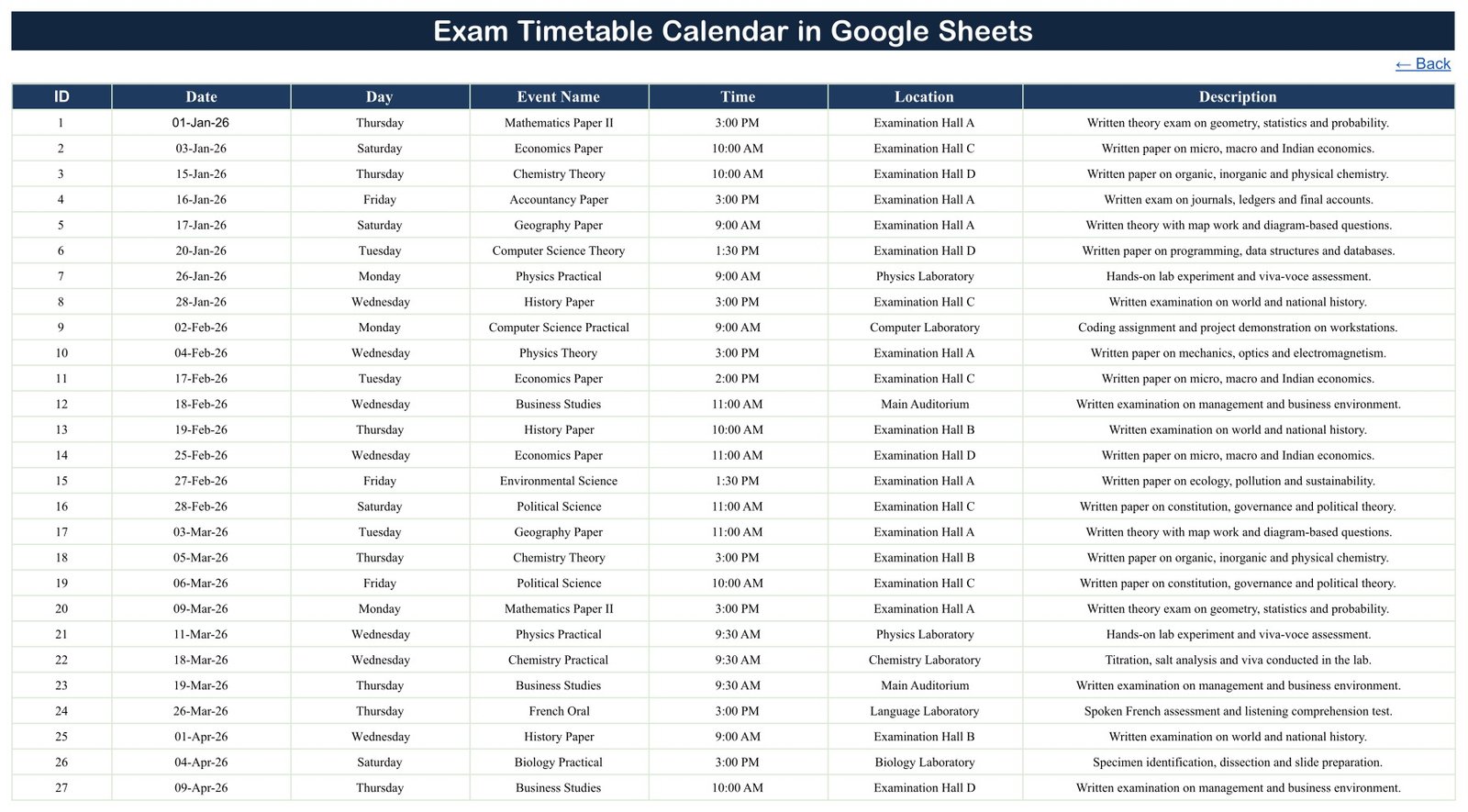 Editable Events sheet for exam dates times locations and descriptions
