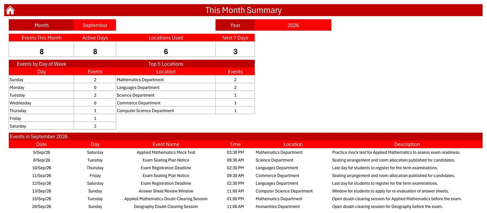 Exam Timetable Calendar in Excel - Image 6