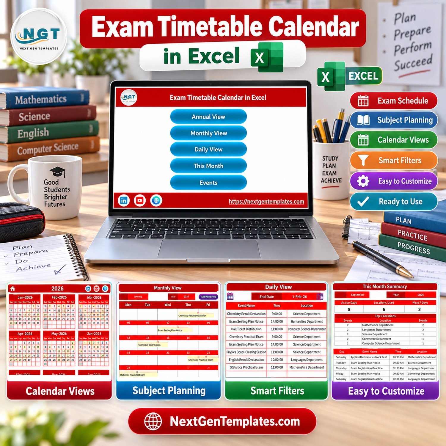 Exam Timetable Calendar in Excel home screen and calendar navigation