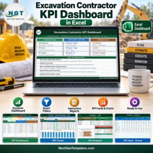 Excavation Contractor KPI Dashboard in Excel product image with the workbook on screen and its dashboard, trend, analysis and input pages