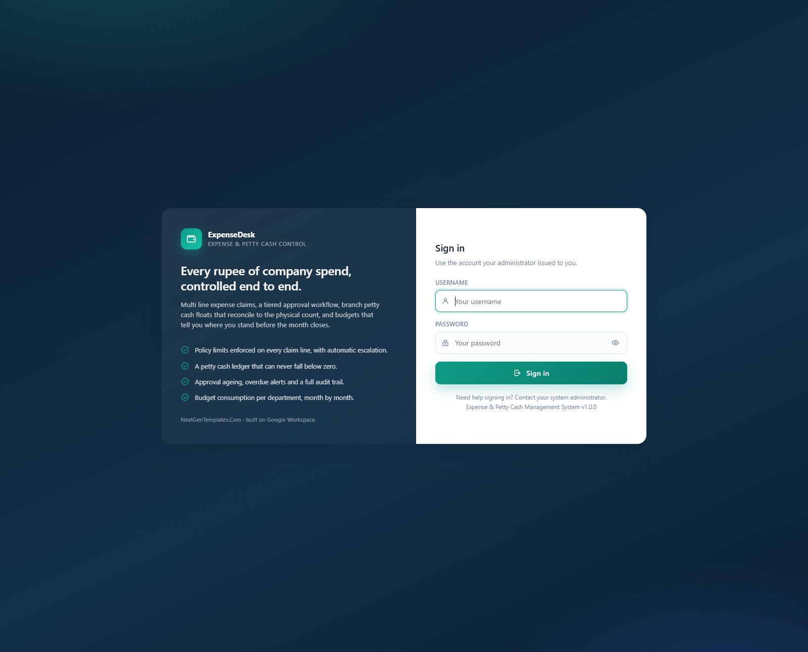 Expense & Petty Cash Management System Web App - sign-in screen