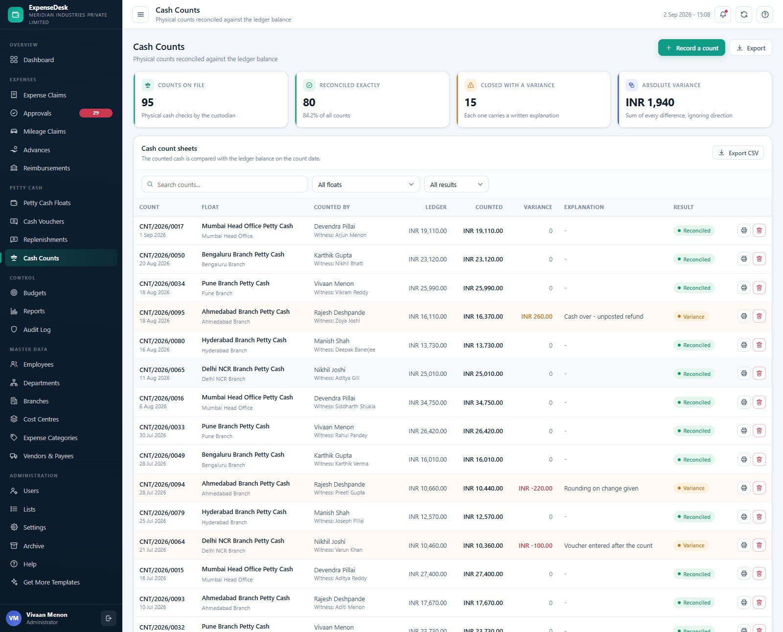 Expense & Petty Cash Management System Web App - Cash count sheets