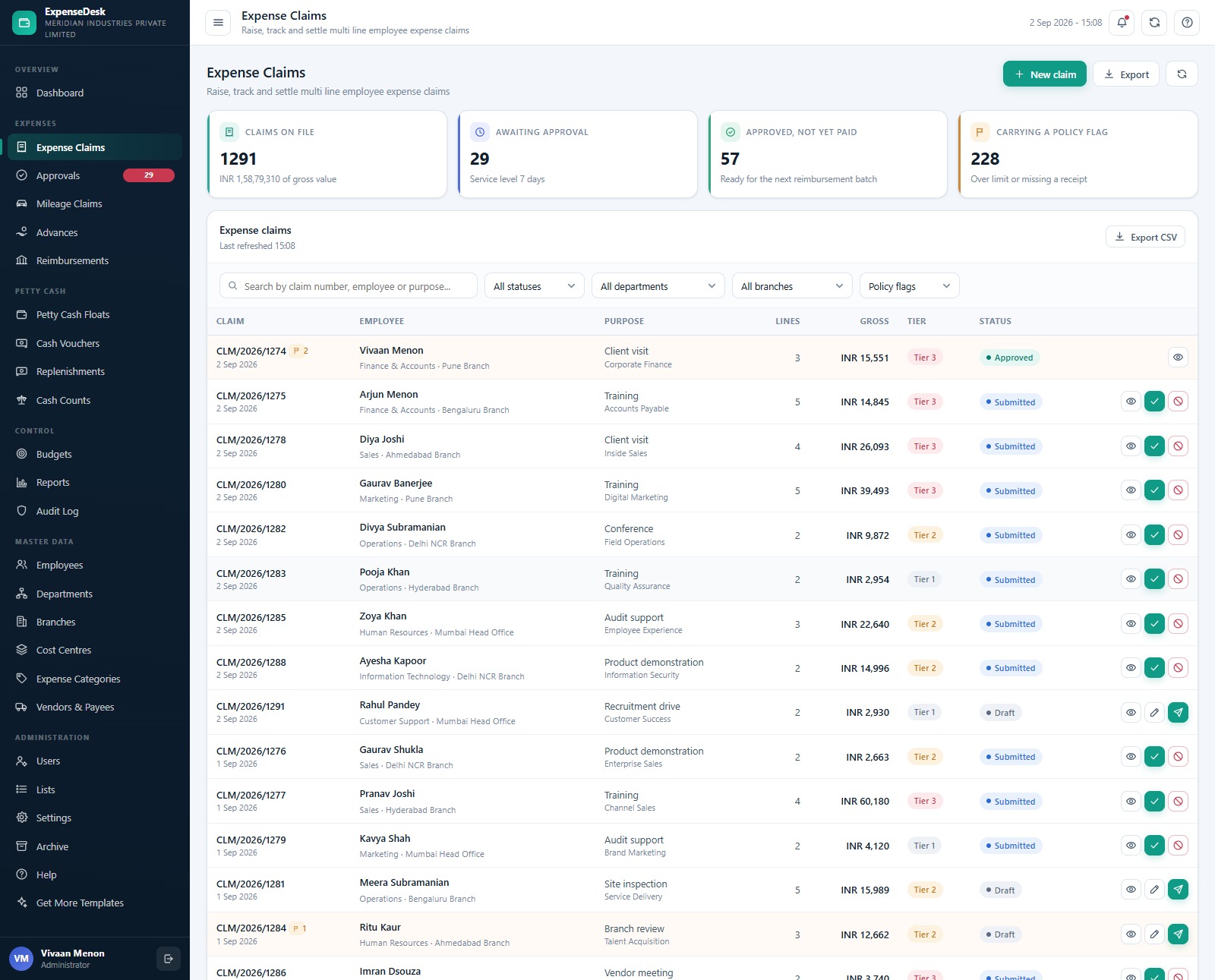 Expense & Petty Cash Management System Web App - Expense Claims register