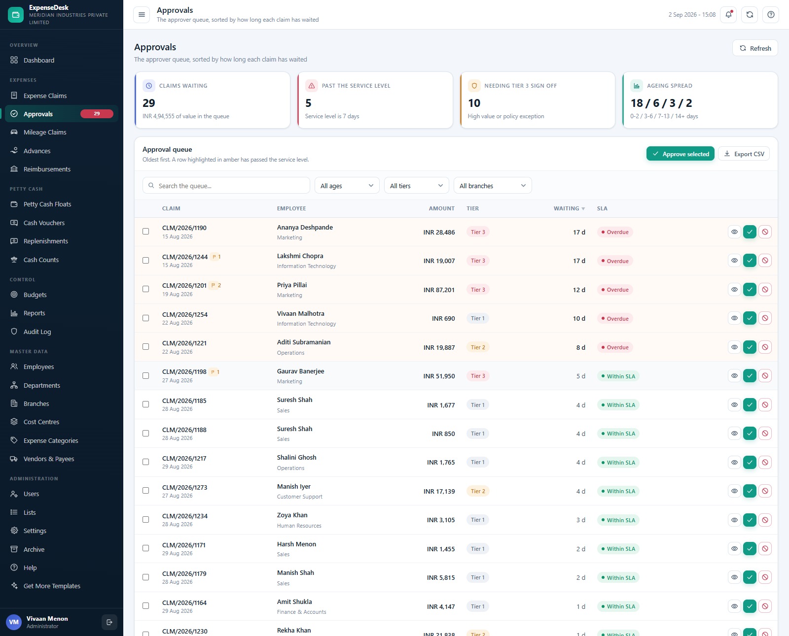 Expense & Petty Cash Management System Web App - Approvals queue