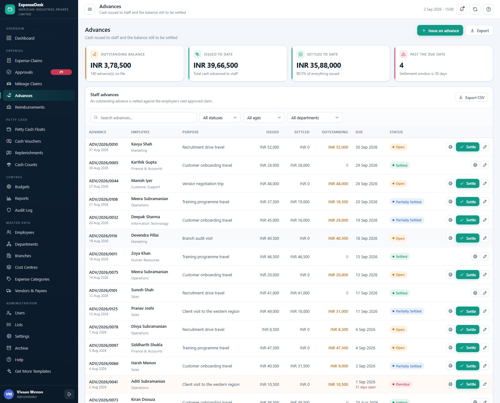 Expense & Petty Cash Management System Web App - Staff advances
