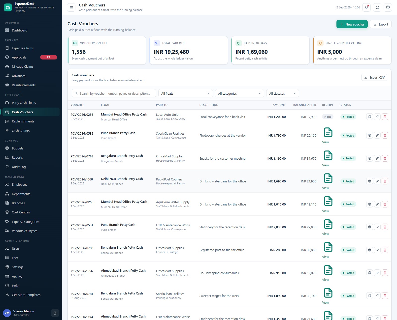 Expense & Petty Cash Management System Web App - Cash vouchers ledger