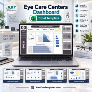 Eye Care Centers Dashboard in Excel product feature image showing the workbook overview and four analysis pages